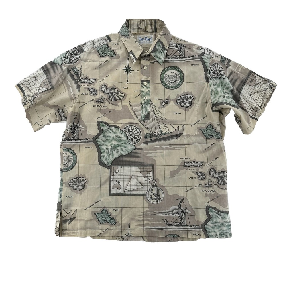 Vintage Kai Nani Pullover Shirt Mens 2XL Hawaiian Islands‎ 1959 Map Button Up